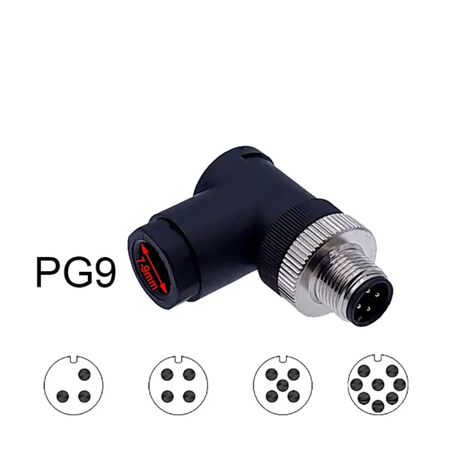 M12-08P-M-A-PG9 Разъем M12 угловой, вилка на кабель PG9, Type-A, 8 PIN