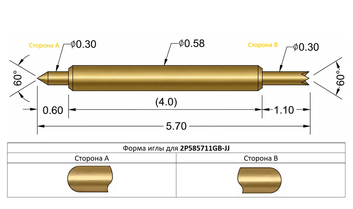 2P585711GB-JJ Двусторонний подпружиненный контакт (pogo-pin) длиной иглы 5,7 мм