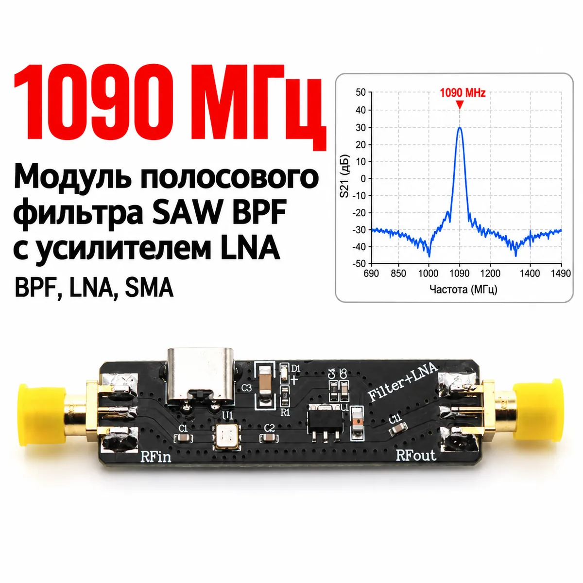 Модуль полосового фильтра SAW BPF с усилителем LNA 1090 МГц, SMA