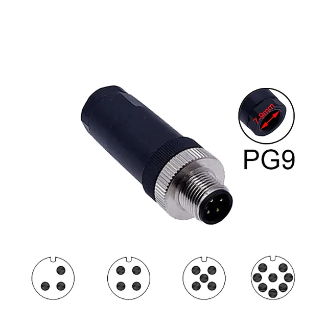M12-08P-M-S-PG9 Разъем M12 прямой, вилка на кабель PG9, Type-A, 8 PIN